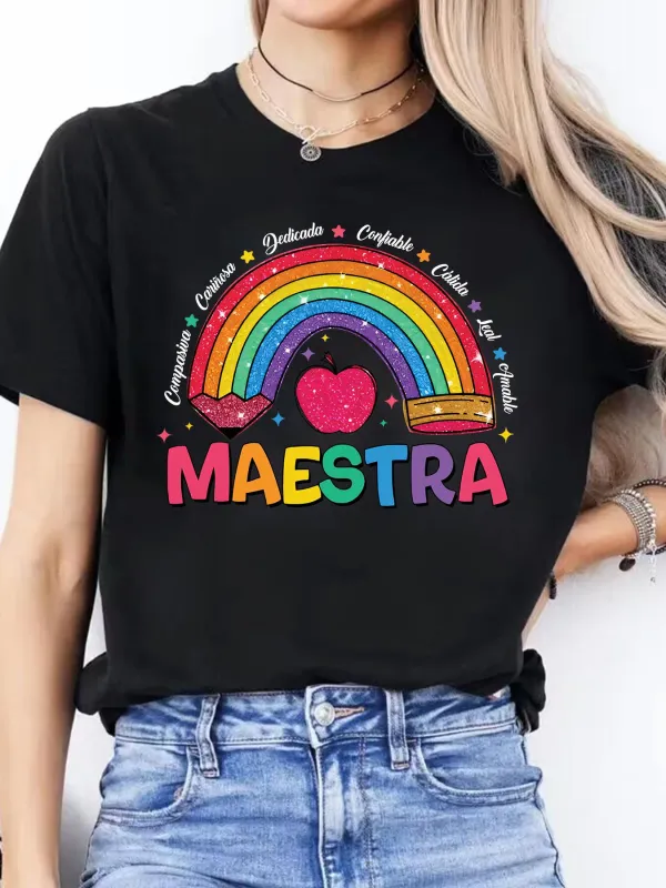 Tailorly Women's Printed Tee - Colorful Rainbow And Glitter Heart With Chalk And Stars Maestra made by Tailorly