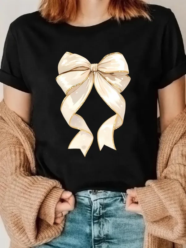 Tailorly Women's Printed Tee - Elegant Satin Shine With Cascading Silky Ribbon Bow made by Tailorly