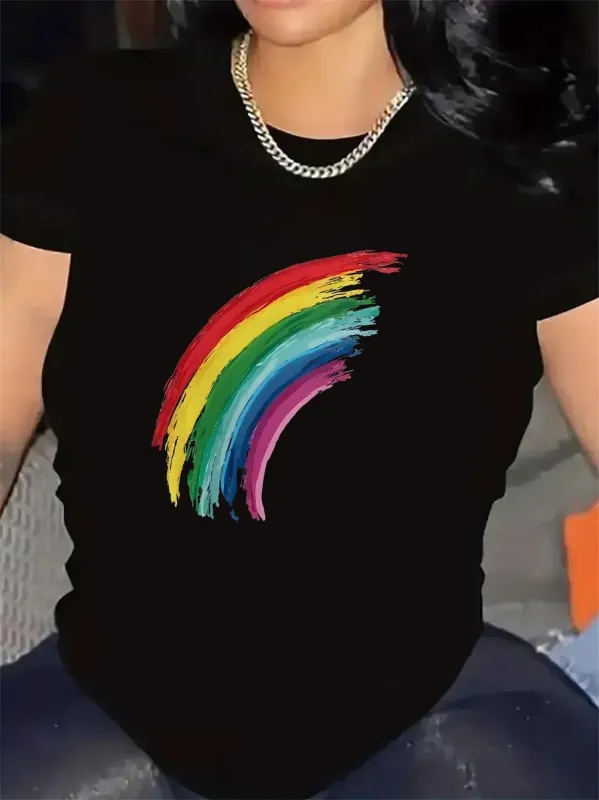 Tailorly Women's Printed Tee - Vivid Strokes Of Color Curved In Bright Rainbow made by Tailorly