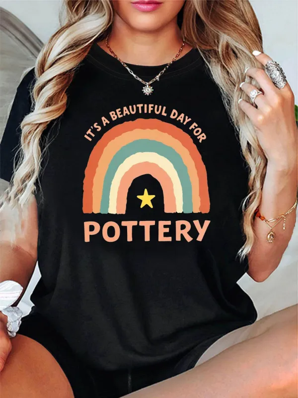 Tailorly Women's Printed Tee - Its A Beautiful Day For Colorful Rainbow With Central Star Pottery made by Tailorly