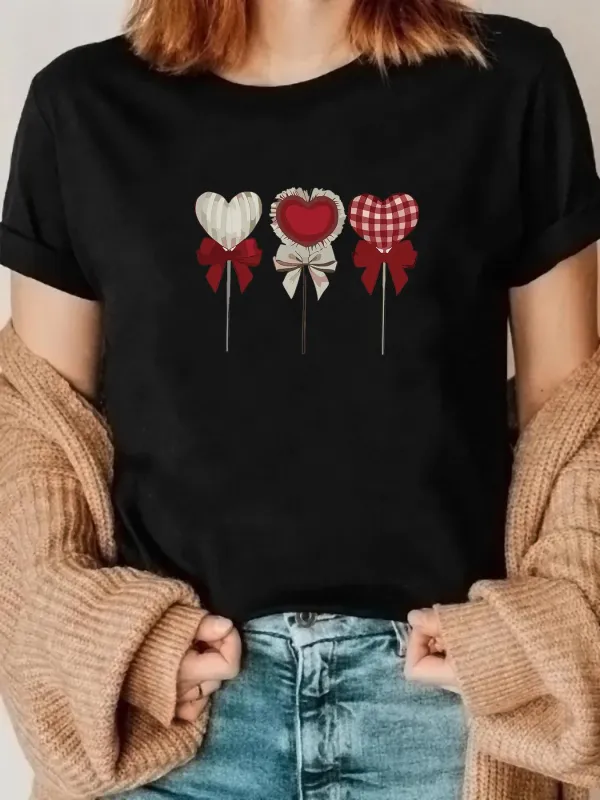 Tailorly Women's Printed Tee - Patterned Ribbon Bows With Three Textured Fabric Hearts made by Tailorly