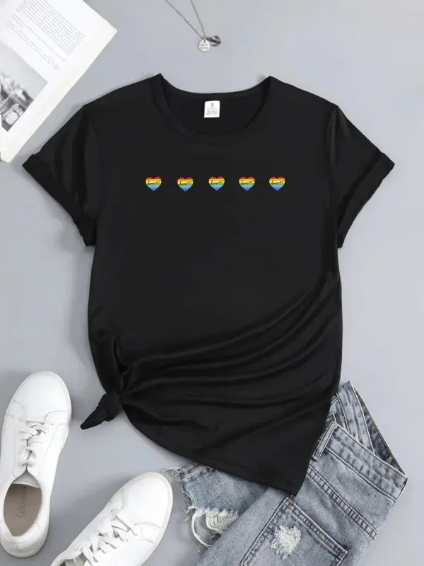 Tailorly Women's Printed Tee - Colorful Horizontal Rainbow Hearts Pattern Celebrating Love Hearts made by Tailorly