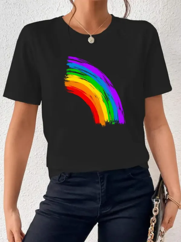 Tailorly Women's Printed Tee - Vivid Colorful Brush Strokes Radiating Joy In Rainbow Arc made by Tailorly