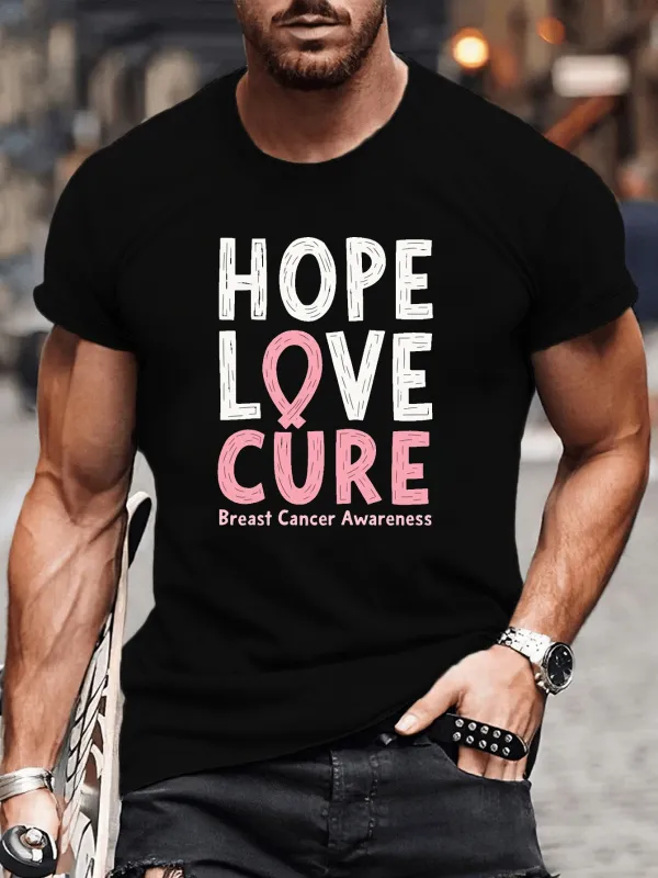 Tailorly Men's Printed Tee - Hope Love Cure Pink Ribbon Symbol Promoting Strength Breast Cancer Awareness made by Tailorly