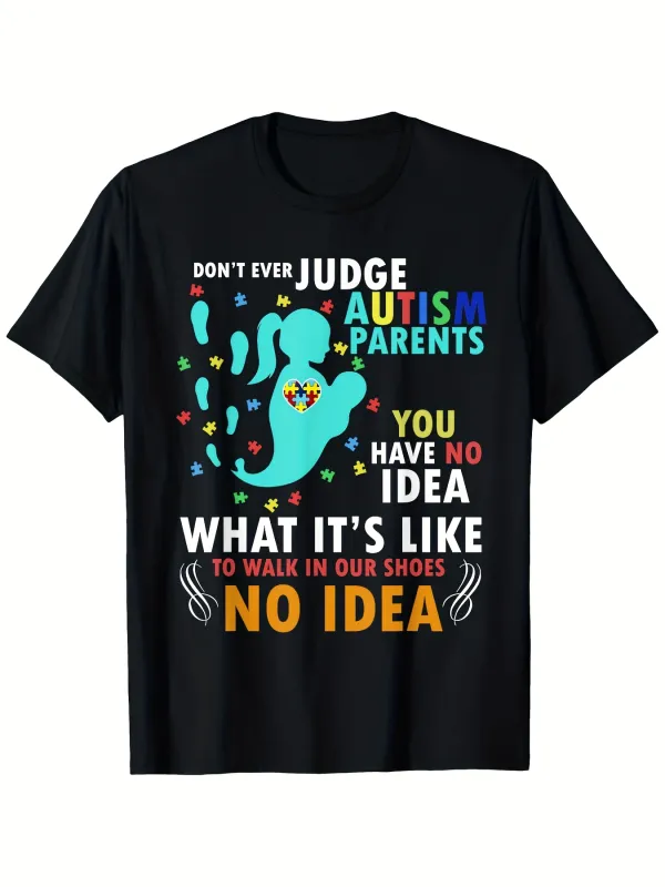 Tailorly Men's Printed Tee - Dont Ever Judge Autism Parents Colorful Puzzle Handprint Surrounded By Stars T Shirt made by Tailorly
