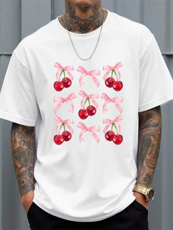 Tailorly Men's Printed Tee - Shiny Pink Ribbon Patterns With Juicy Red Cherries Fruit made by Tailorly