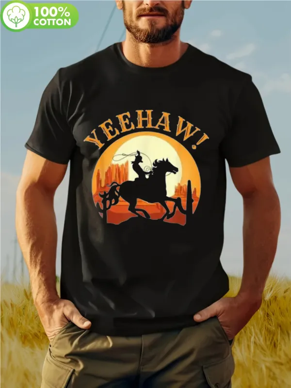 Tailorly Men's Printed Tee - Yeehaw Sunset Silhouette With Cowboy Riding Galloping Horse And Cacti made by Tailorly