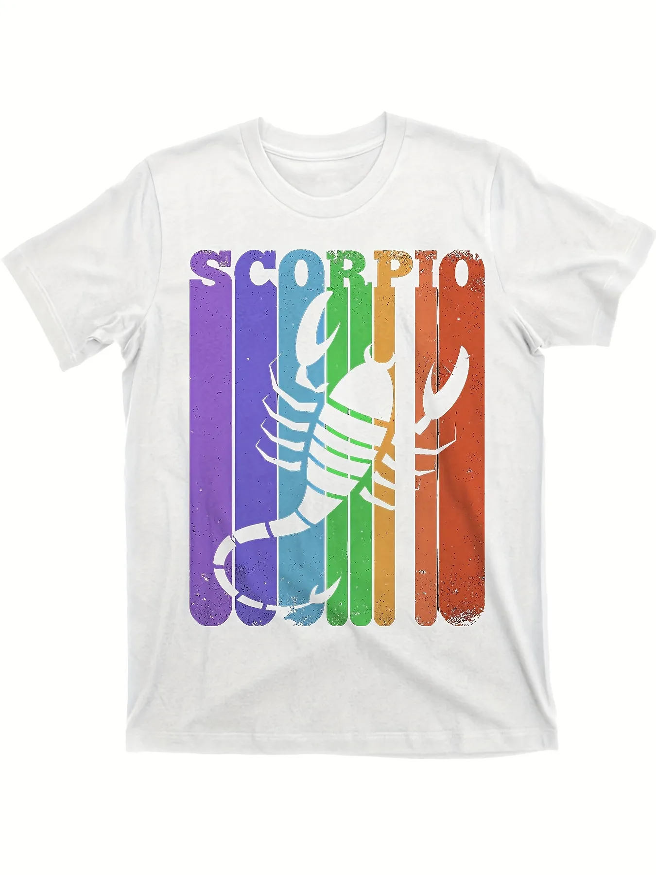 Tailorly Men's Printed Tee - Scorpio Retro Rainbow Vertical Bars With White Silhouette Scorpion sold by Tailorly