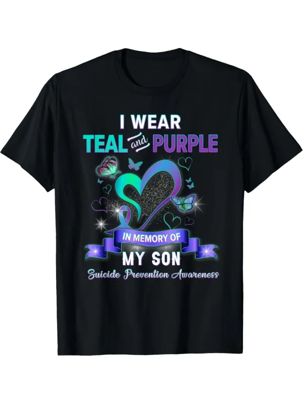 Tailorly Men's Printed Tee - I Wear Teal And Purple Sparkling Heart Ribbon For Suicide Prevention made by Tailorly
