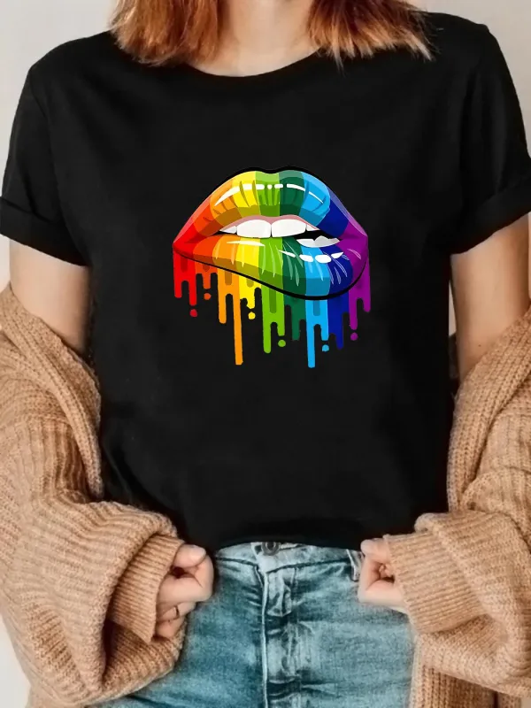 Tailorly Women's Printed Tee - Dripping Multicolor Rainbow Lips On Black T Shirt made by Tailorly