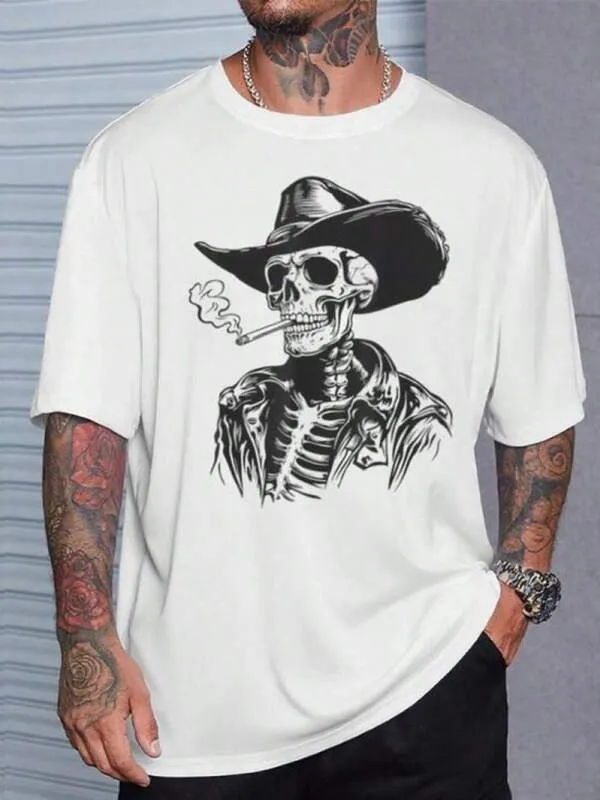 Tailorly Men's Printed Tee - Western Cowboy With Cigarette Skeleton Wearing Black Hat made by Tailorly