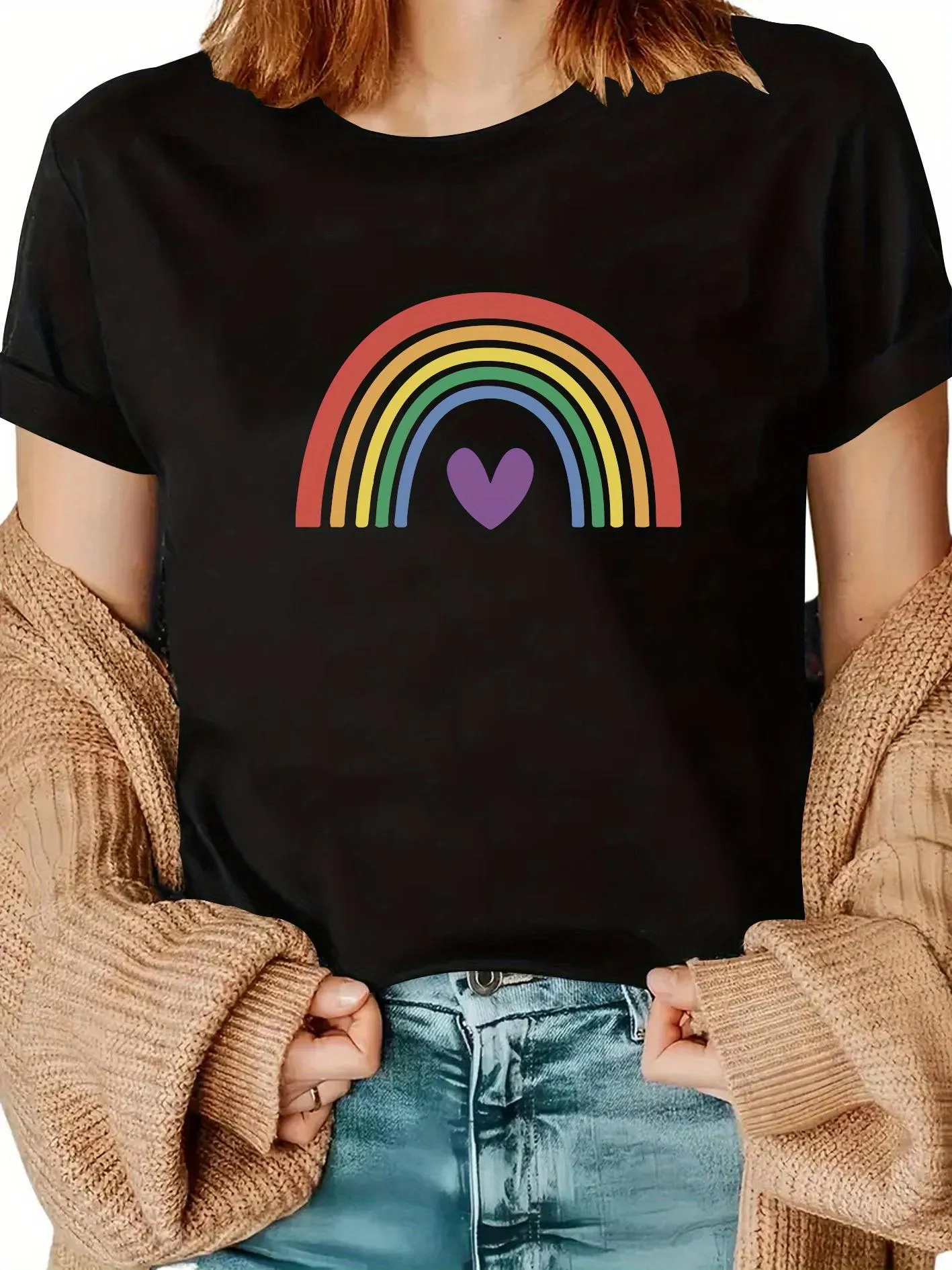 Tailorly Women's Printed Tee - Colorful Arc With Purple Heart Under Vibrant Rainbow sold by Tailorly
