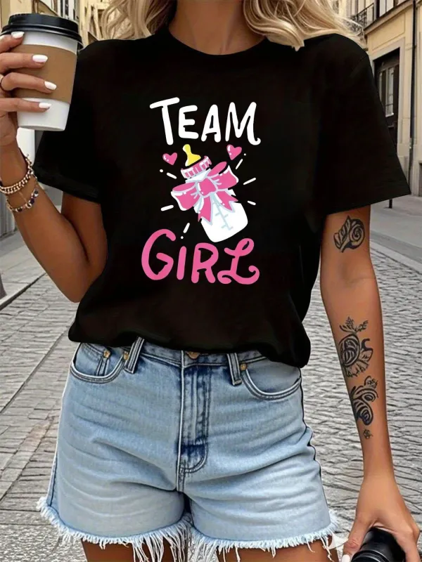 Tailorly Women's Printed Tee - Team Girl Pink Bottle With Ribbon And Hearts Graphic made by Tailorly