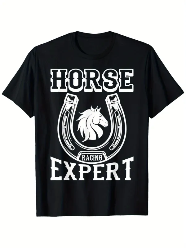 Tailorly Men's Printed Tee - Horse Racing Expert With Galloping Stallion Among Silver Horseshoe made by Tailorly