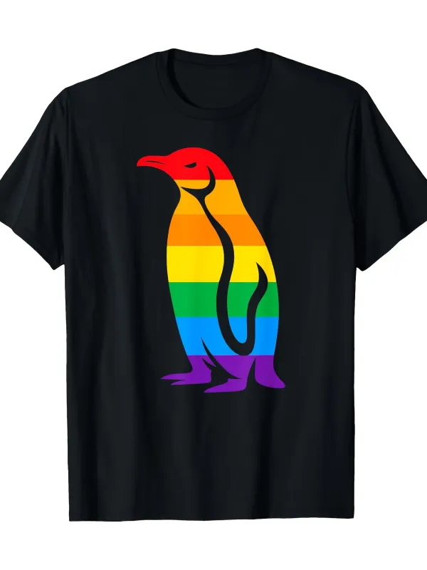 Tailorly Men's Printed Tee - Vivid Rainbow Stripes With Bold Standing Penguin Silhouette Penguin made by Tailorly