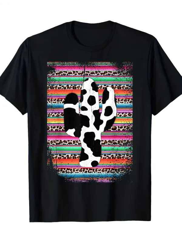 Tailorly Men's Printed Tee - Vivid Southwestern Pattern With Cow Print Overlayed Cactus made by Tailorly