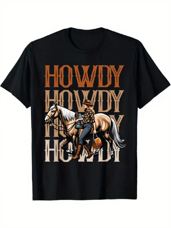Tailorly Men's Printed Tee - Howdy Retro Lettering With Cowboy Leading Palomino Horse made by Tailorly
