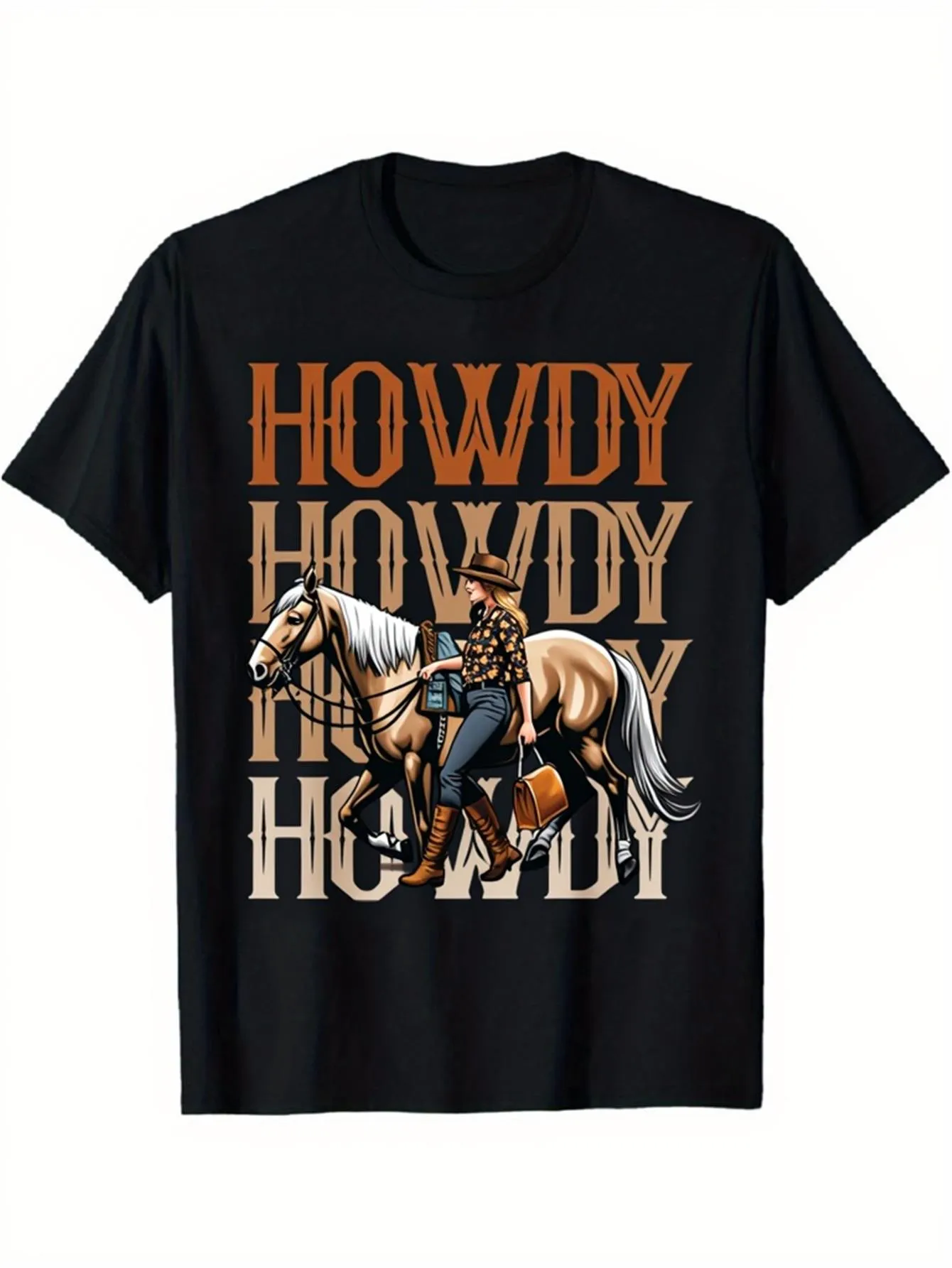 Tailorly Men's Printed Tee - Howdy Retro Lettering With Cowboy Leading Palomino Horse sold by Tailorly