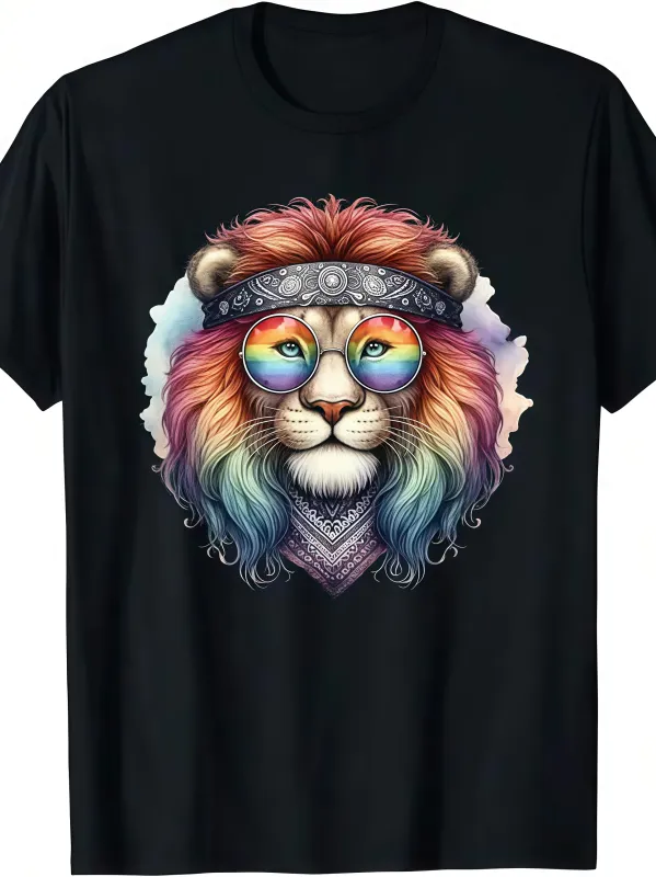 Tailorly Men's Printed Tee - Psychedelic Flowing Rainbow Colors With Retro Glasses Peaceful Lion made by Tailorly