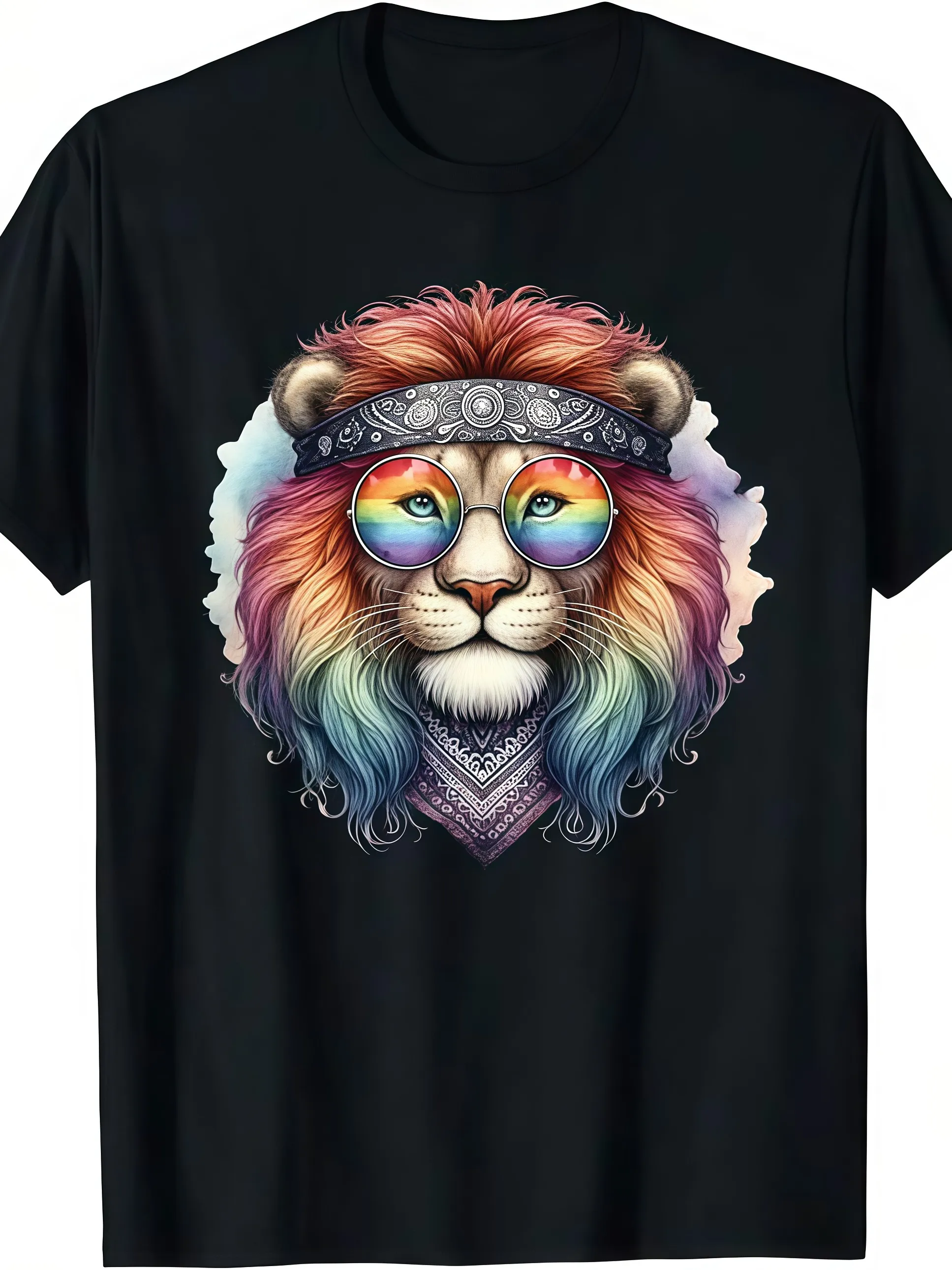 Tailorly Men's Printed Tee - Psychedelic Flowing Rainbow Colors With Retro Glasses Peaceful Lion sold by Tailorly