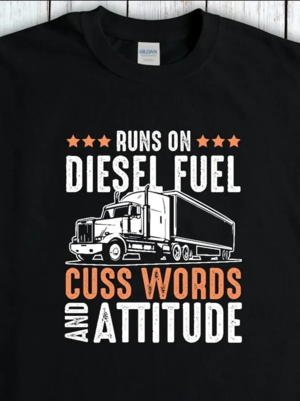 Tailorly Men's Printed Tee - Runs On Diesel Fuel With Bold Star Graphics Next To Powerful Truck made by Tailorly