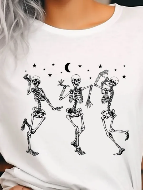 Tailorly Women's Printed Tee - Three Dancing Skeletons Under Crescent Moon And Scattered Stars made by Tailorly