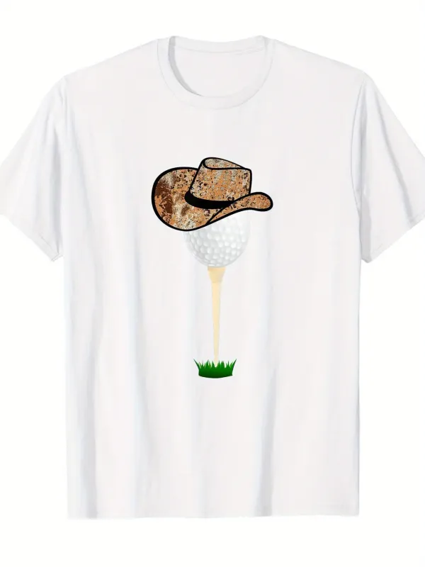 Tailorly Men's Printed Tee - Rustic Straw Cowboy Hat Resting On A Golf Ball made by Tailorly