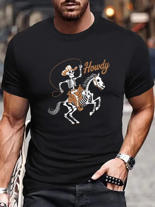 Tailorly Men's Printed Tee - Howdy Dancing Skeleton Wearing Cowboy Hat Riding Skeleton Horse made by Tailorly