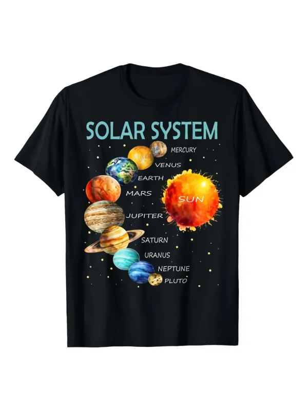 Tailorly Men's Printed Tee - Solar System With Planets Orbiting Around Bright Radiating Sun made by Tailorly
