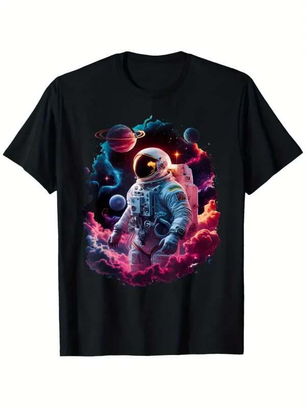 Tailorly Men's Printed Tee - Galactic Clouds With Vibrant Planets And Celestial Spacewalking Astronaut made by Tailorly