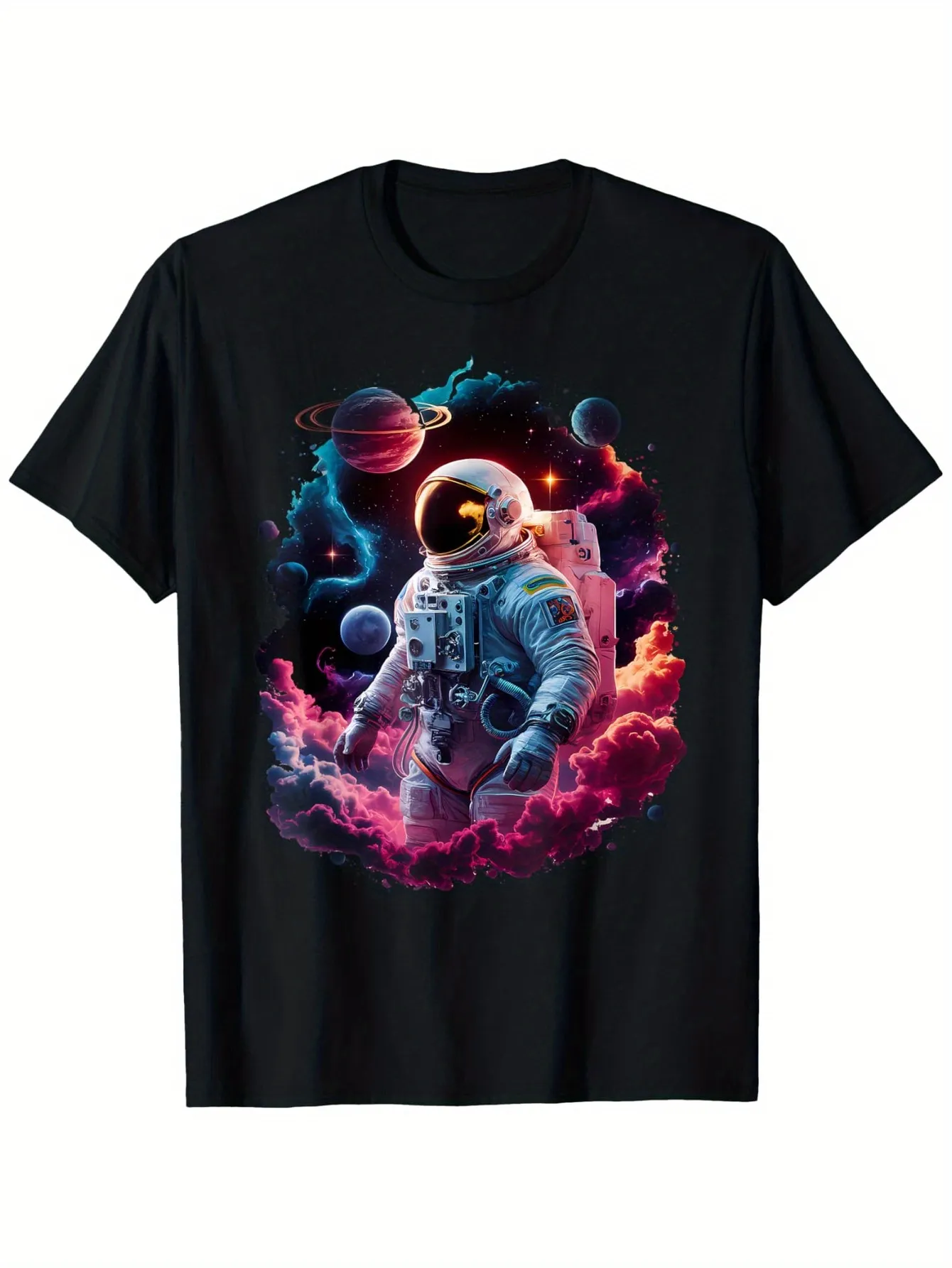 Tailorly Men's Printed Tee - Galactic Clouds With Vibrant Planets And Celestial Spacewalking Astronaut sold by Tailorly