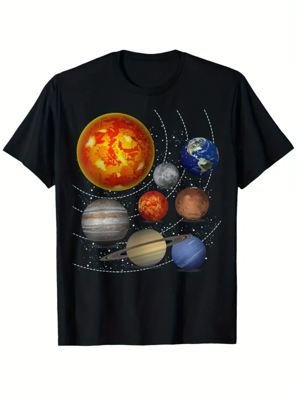 Tailorly Men's Printed Tee - Solar System Illustration With Colorful Planets And Orbit Path Sun made by Tailorly