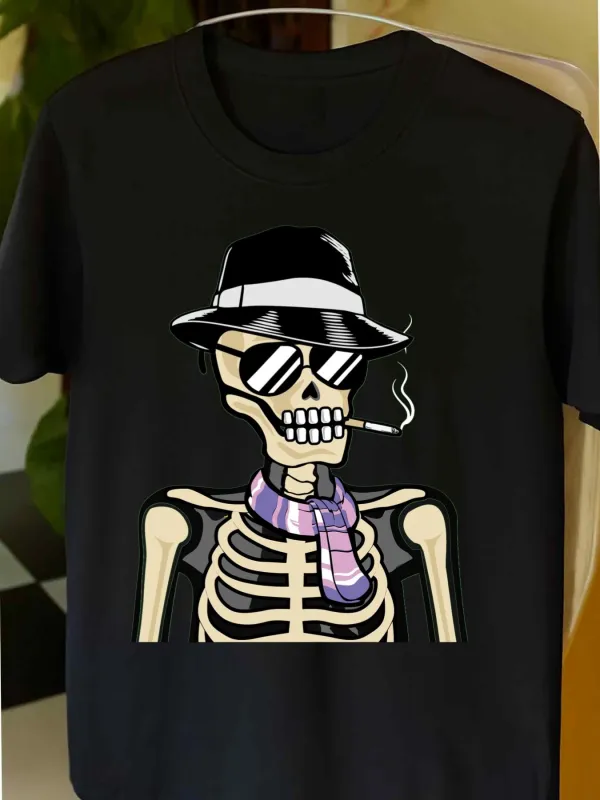 Tailorly Men's Printed Tee - Vintage Cool Skeleton With Fedora Hat Smoking Cigarette made by Tailorly
