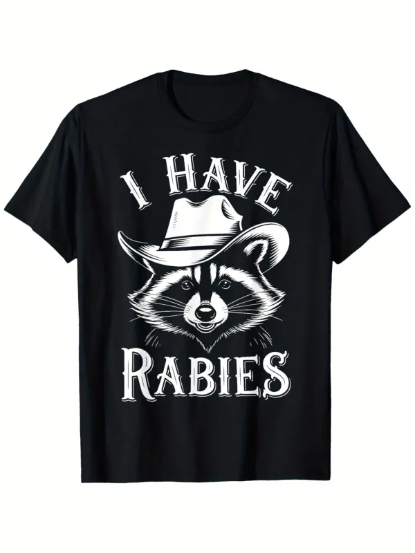 Tailorly Men's Printed Tee - I Have Rabies Cartoon Cowboy Hat Raccoon With Bold Lettering made by Tailorly