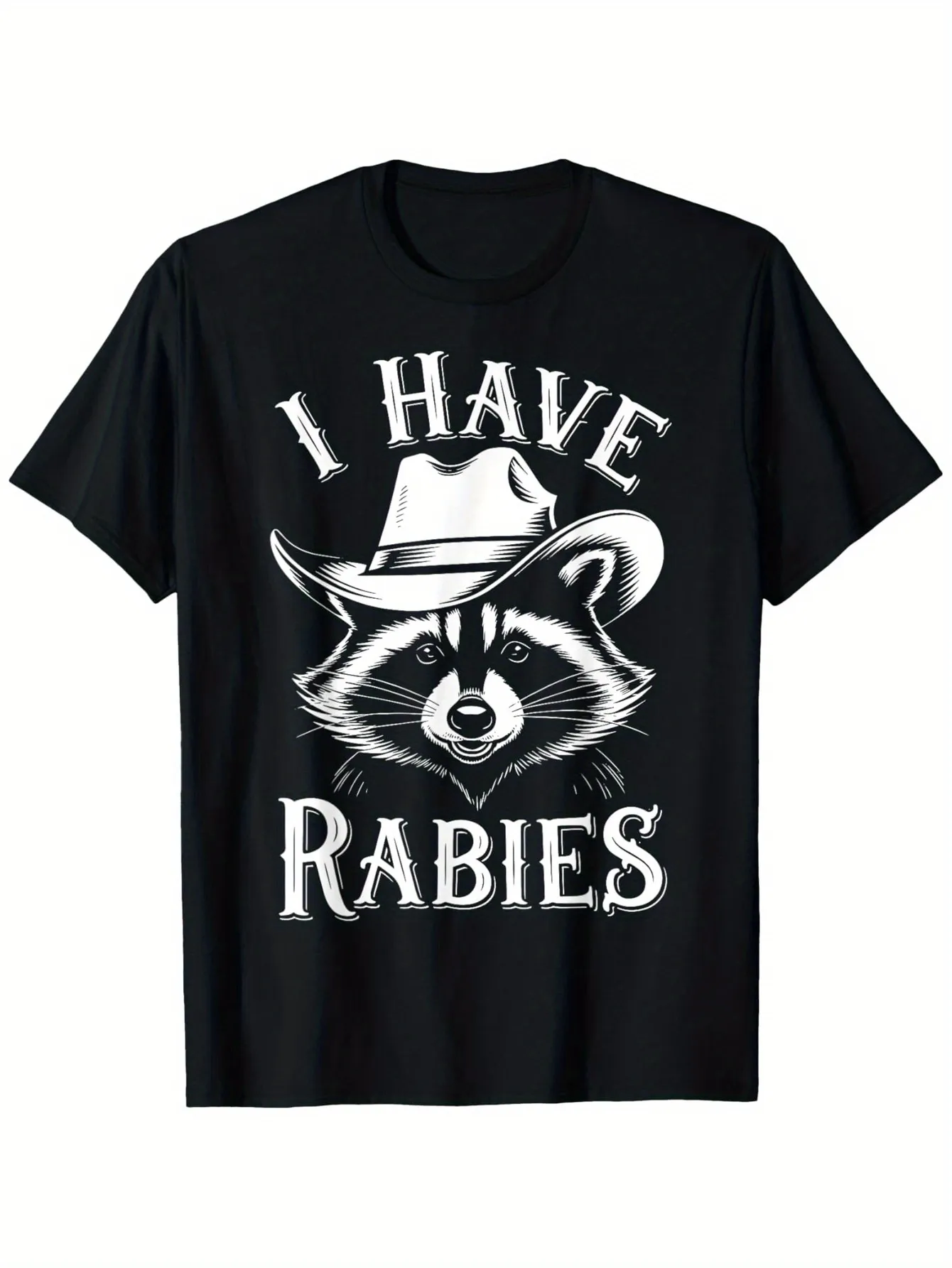 Tailorly Men's Printed Tee - I Have Rabies Cartoon Cowboy Hat Raccoon With Bold Lettering sold by Tailorly
