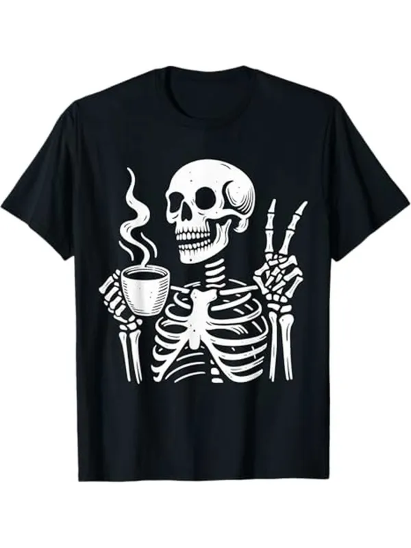 Tailorly Men's Printed Tee - Smoking Hot Coffee With Skeleton Hands Holding Cup Skeleton made by Tailorly