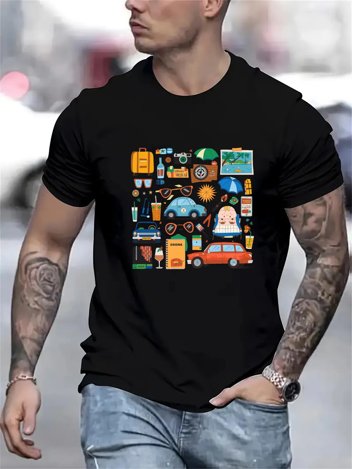 Tailorly Men's Printed Tee - Vintage Travel Icons With Summer Sun Road Signs Retro Bus And Adventure Car sold by Tailorly