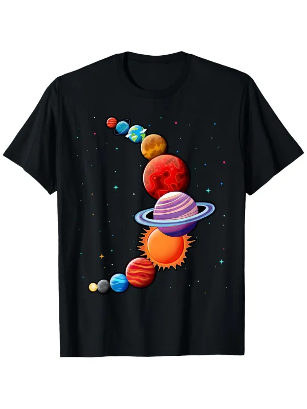 Tailorly Men's Printed Tee - Colorful Planets Floating In Space With Starry Galaxy Background Planets made by Tailorly