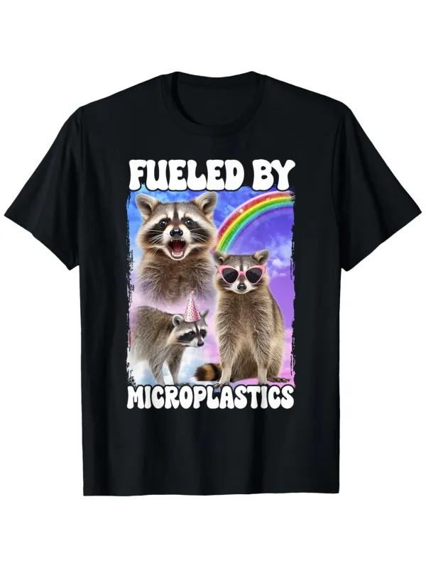 Tailorly Men's Printed Tee - Fueled By Microplastics Vibrant Raccoons With Sunglasses Under Rainbow Sky made by Tailorly