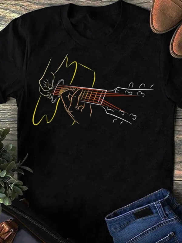 Tailorly Women's Printed Tee - Continuous Line Drawing With Vibrant Accent Colors Depicting A Cowboy Hat And Guitar made by Tailorly