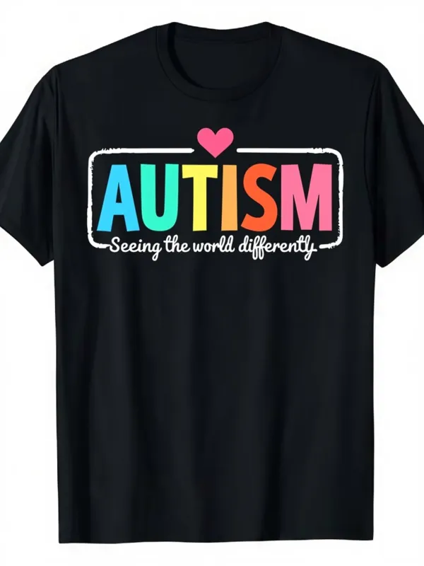 Tailorly Men's Printed Tee - Autism Seeing The World Differently Colorful Letters And Pink Heart T Shirt made by Tailorly