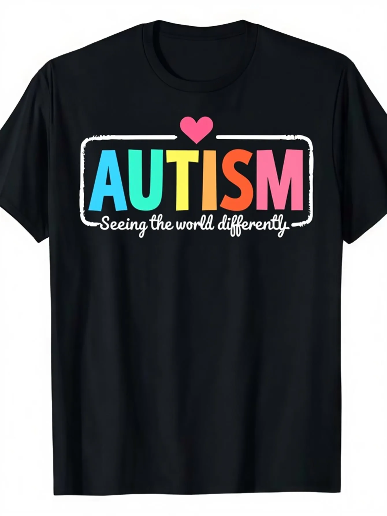 Tailorly Men's Printed Tee - Autism Seeing The World Differently Colorful Letters And Pink Heart T Shirt sold by Tailorly