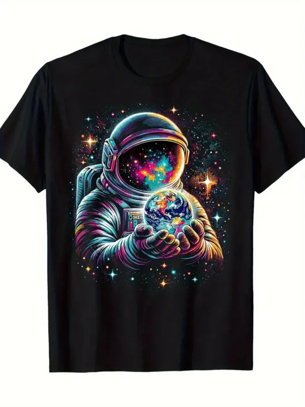Tailorly Men's Printed Tee - Cosmic Astronaut Holding Glowing Universe Surrounded By Vibrant Stars Astronaut made by Tailorly