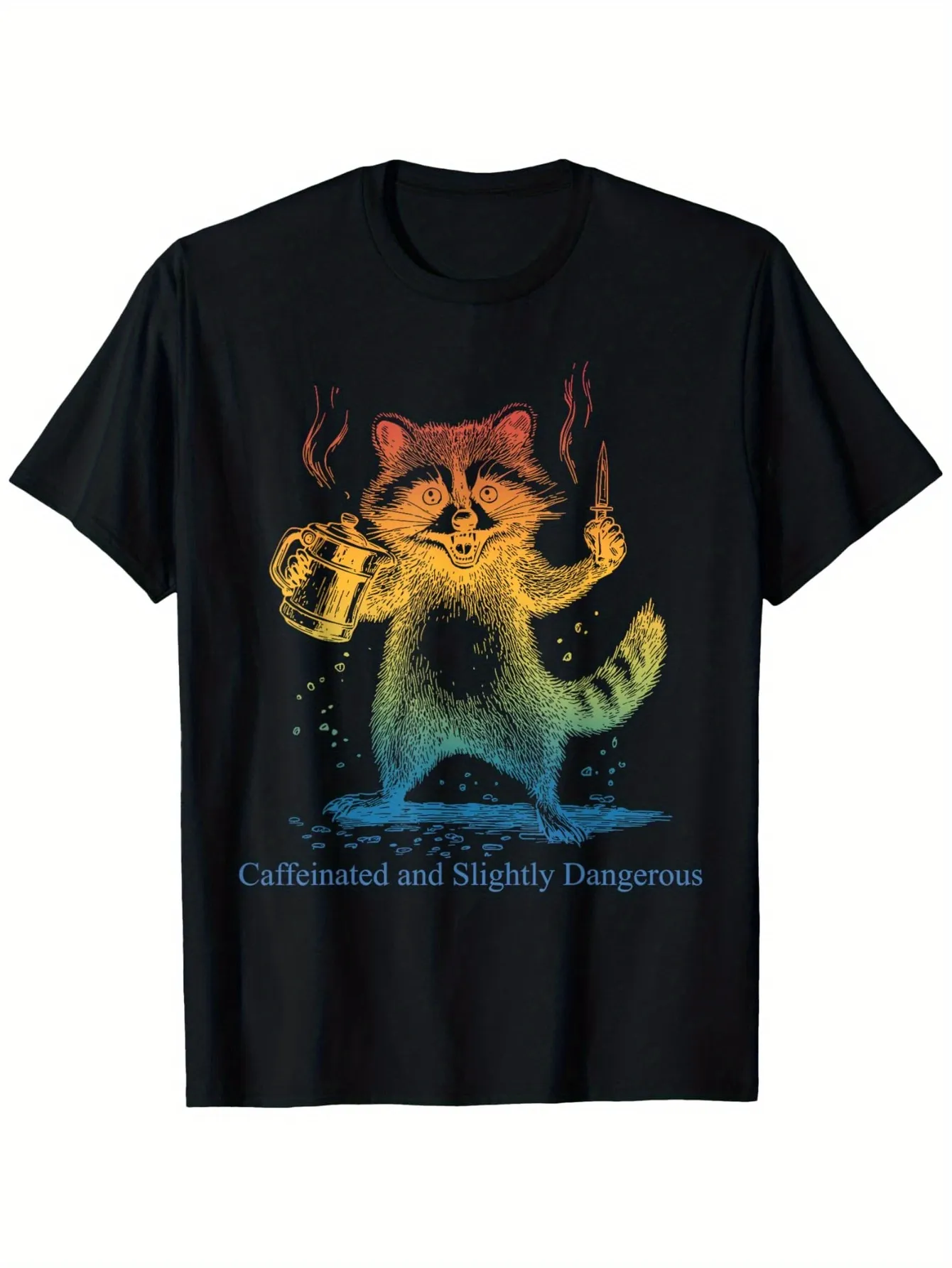 Tailorly Men's Printed Tee - Caffeinated And Slightly Dangerous Raccoon With Coffee Cup Surrounded By Colorful Flames sold by Tailorly
