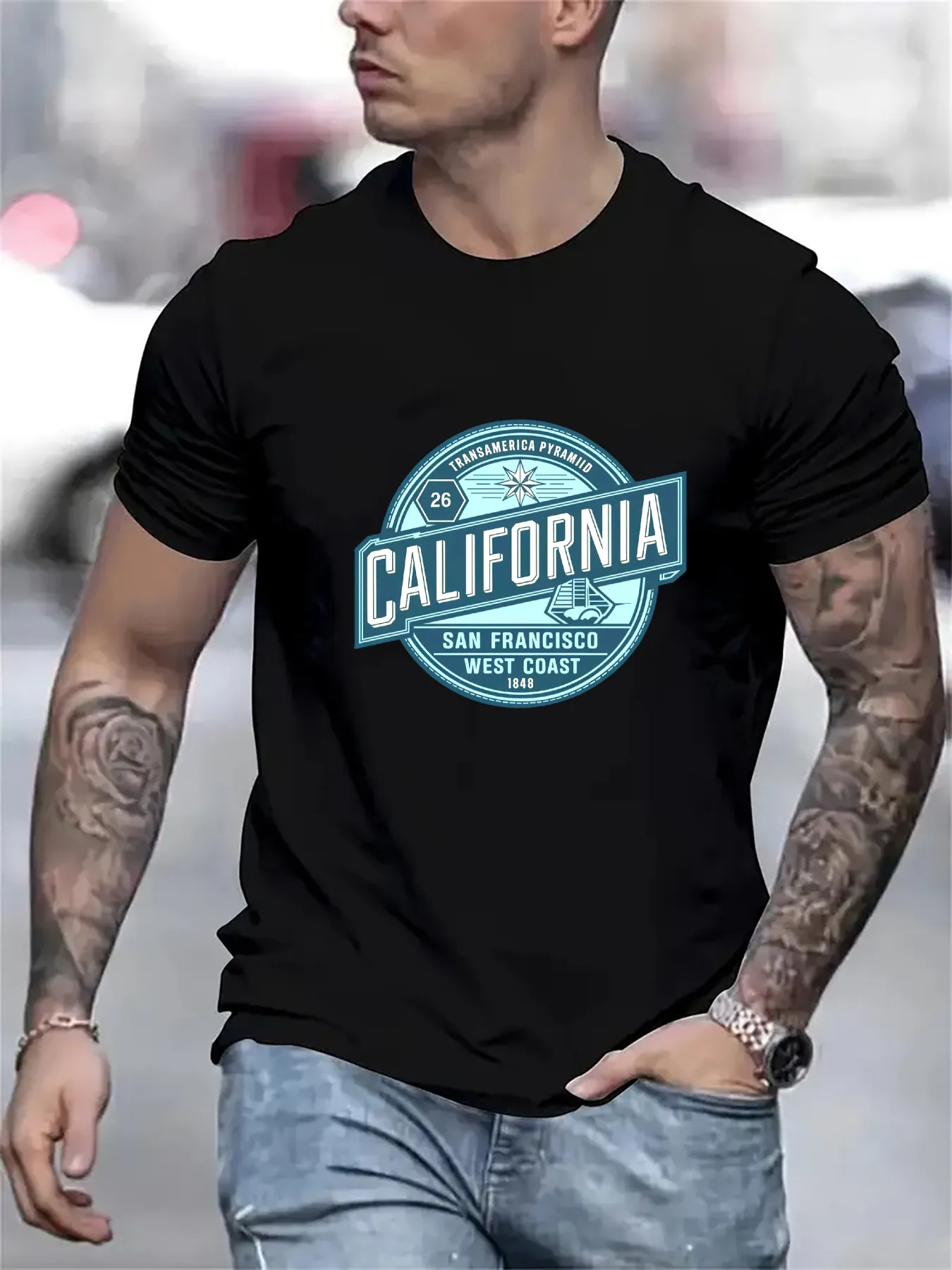 Tailorly Men's Printed Tee - California Vintage Round Emblem With Skyline And Retro Lettering California sold by Tailorly