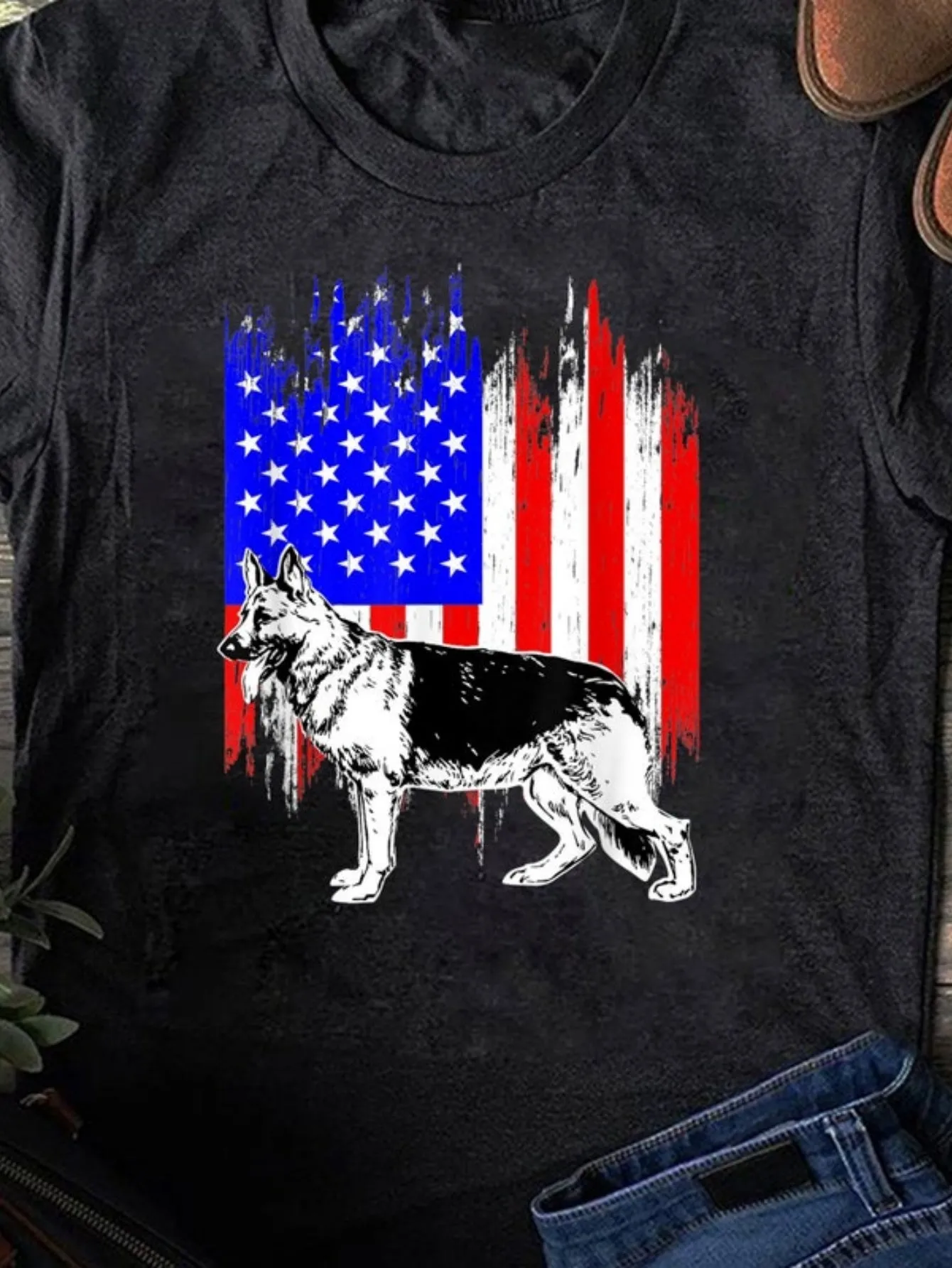 Tailorly Men's Printed Tee - Patriotic Brush Stroke Effect With German Shepherd Dog sold by Tailorly
