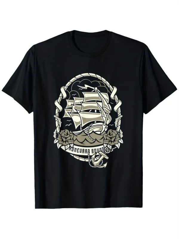 Tailorly Men's Printed Tee - Classic Vintage Tattoo Style Tall Ship Sailing On Waves Surrounded By Rope made by Tailorly