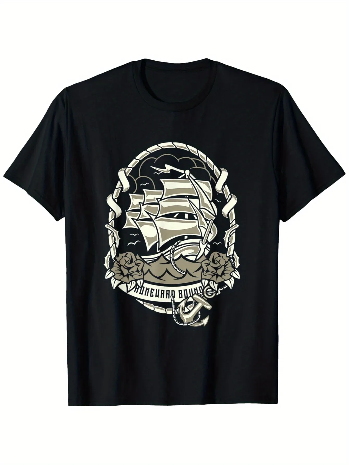 Tailorly Men's Printed Tee - Classic Vintage Tattoo Style Tall Ship Sailing On Waves Surrounded By Rope sold by Tailorly