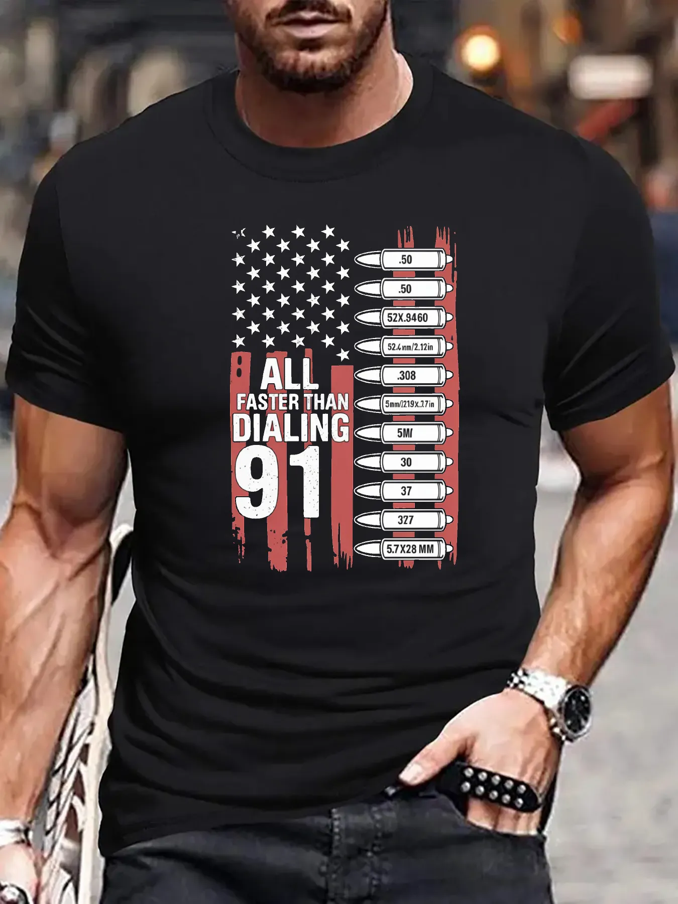 Tailorly Men's Printed Tee - Faster Than Dialing Number Nine One Bullets American Flag sold by Tailorly