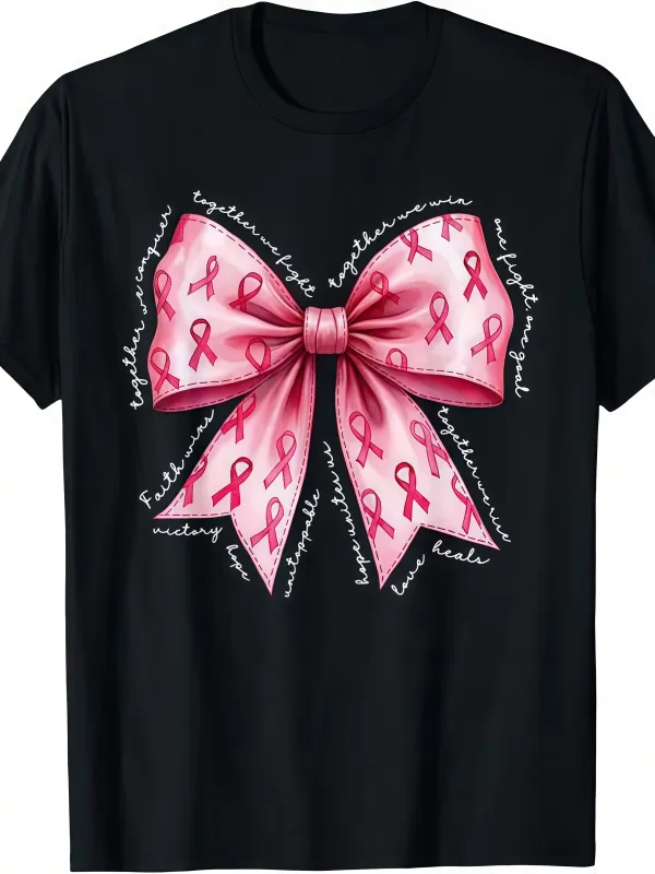 Tailorly Men's Printed Tee - Pink Ribbon Pattern With Empowering Words Surrounding A Large Bow made by Tailorly